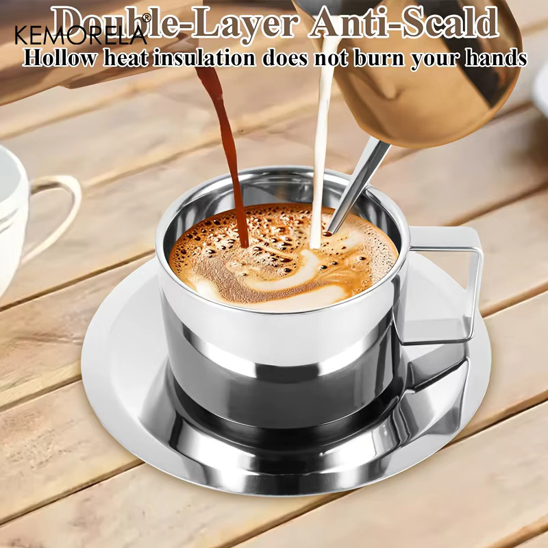 KEMORELA Espressotasse aus Edelstahl in Silber, doppelwandig mit Untertasse, 200 ml - Bild 3