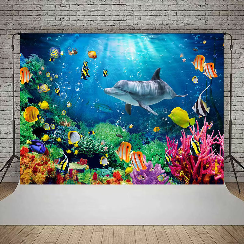 Bonvvie Unterwasser Welt Fotohintergrund mit Delphin, Korallen und Algen in Blau für Kindergeburtstag und maritime Dekoration - Bild 3