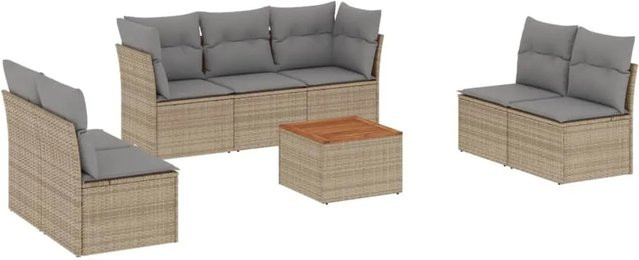 vidaXL 8-teilige Garten-Sofagarnitur in L-Form aus Poly-Rattan und Akazienholz in Beige mit Sitzkissen und Gartentisch - Bild 1