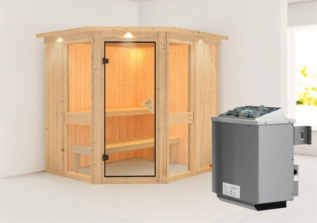 Karibu Sauna Anina 1 aus Fichte und Espe mit 9,0 kW Ofen, integrierter Steuerung und LED-Dachkranz in Natur - Bild 1