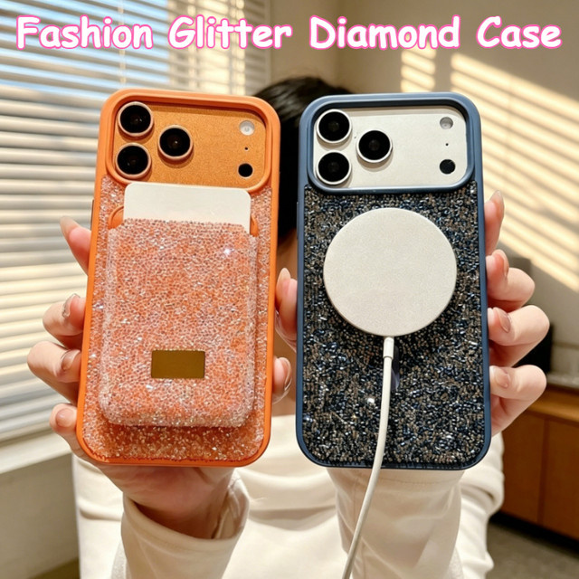Elegante Glitzer-Strass-Hülle mit magnetischem Kartenfach für Apple iPhone 17 Pro Max, 16, 15, 14 Plus und 13 Pro in Weiß - Bild 1