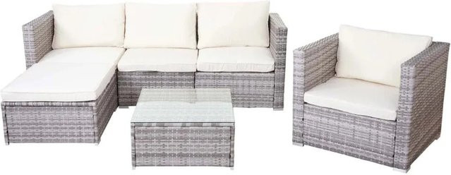 MCW Poly-Rattan-Garnitur Busto Lounge-Set in Grau mit Creme Kissen und Tisch mit Glasplatte - Bild 1