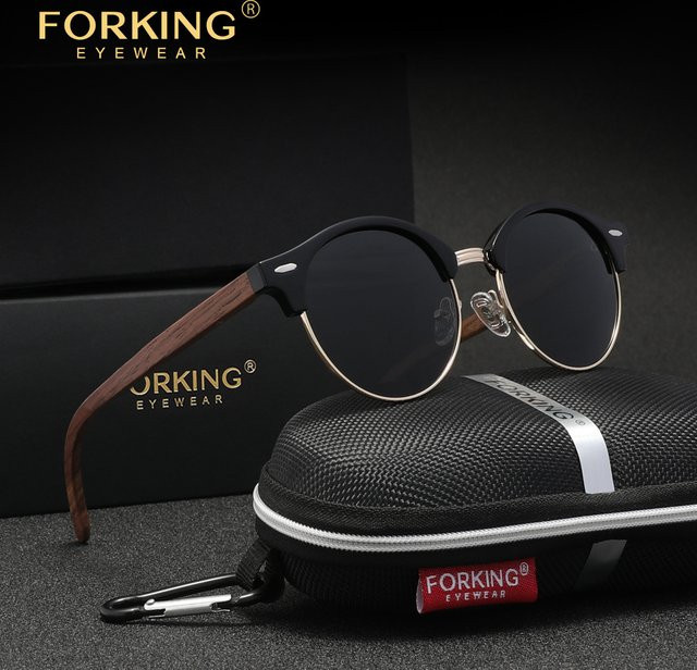 FORKING Sonnenbrille, Rund, Holz, Vollrand, Schwarz, Unisex, polarisiert - Bild 1