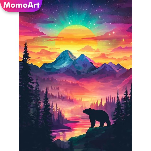 Momoart Diamant-Stickerei Berglandschaft mit Sonnenuntergang und Bär als DIY Diamant-Mosaik in Multicolour zur Wanddekoration - Bild 1