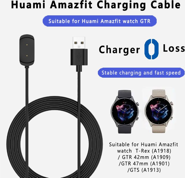 Huami USB Ladekabel für Amazfit T-Rex, GTR und GTS 42/47mm Smartwatch, Schwarz - Bild 1