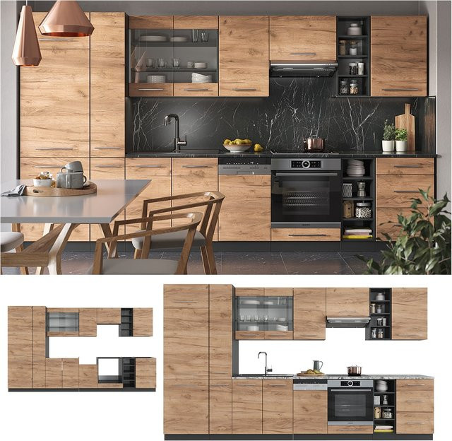 Vicco Fame-Line Küchenzeile in Eiche und Anthrazit, moderne Einbauküche mit 355 cm Breite, bestehend aus Spülenunterschrank, Herdumbauschrank, Schubunterschrank, Hängeschrank, Kühlumbauschrank und Apothekerhochschrank - Bild 3