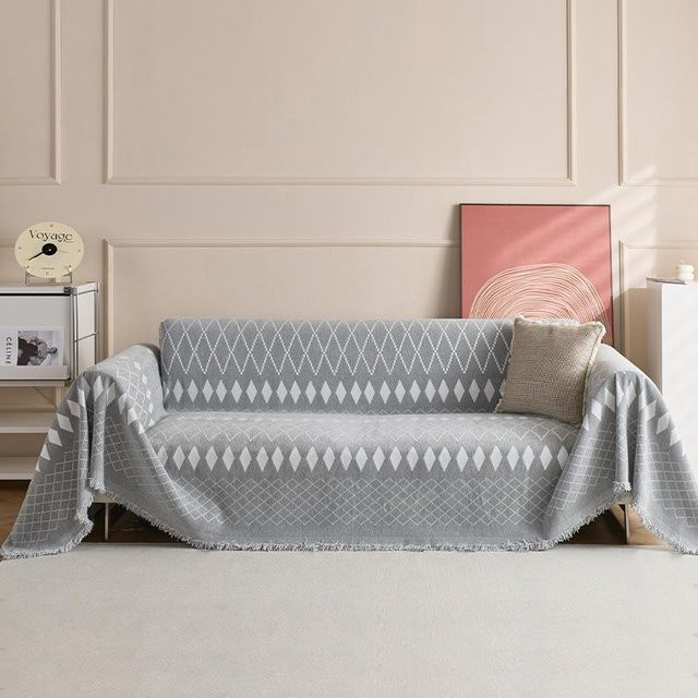 Gestrickte Decke im Boho-Stil mit Streifen in Grau, B/B: 180 x 130 cm - Bild 1