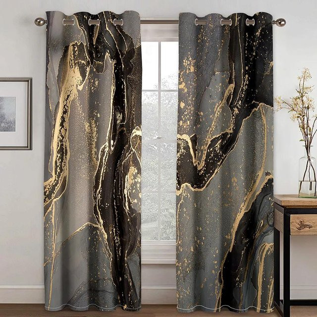 2er-Set Vorhang mit Marmor-Design und Goldrand in Khaki, halbtransparent, mit Ösen und Stangentasche, B: 60 cm, H: 50 cm - Bild 1