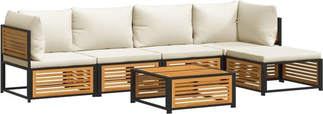 vidaXL 6-teilige Garten-Sofagarnitur in L-Form aus Akazienholz und Stahl mit Polsterkissen in Beige und Weiß - Bild 1