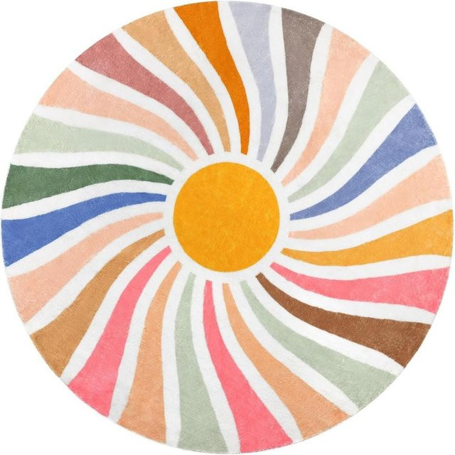 Runder Boho-Teppich von Binchi Furniture mit Regenbogen-Sonnen-Druck, waschbar und rutschfest, Multicolour, Durchmesser: 120 cm - Bild 1