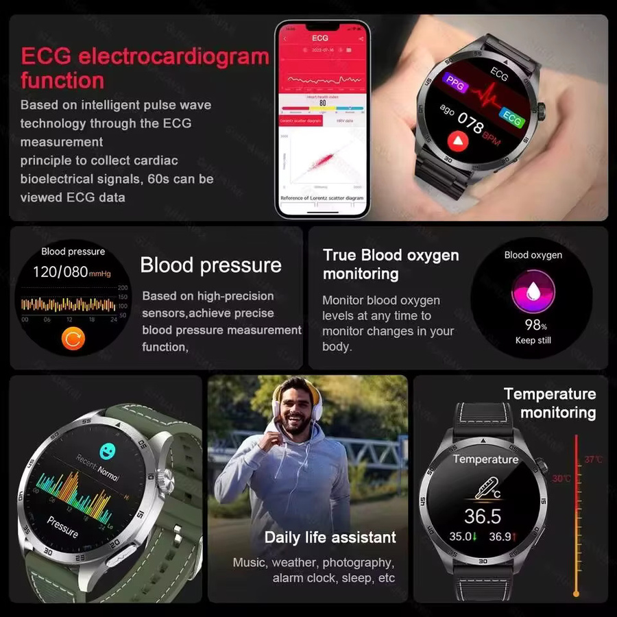 GUHUAVMI Smartwatch für Herren mit EKG und PPG zur Blutdruck-, Harnsäure- und Lipidanalyse, Bluetooth-Anruffunktion, Farbe: Schwarz - Bild 5