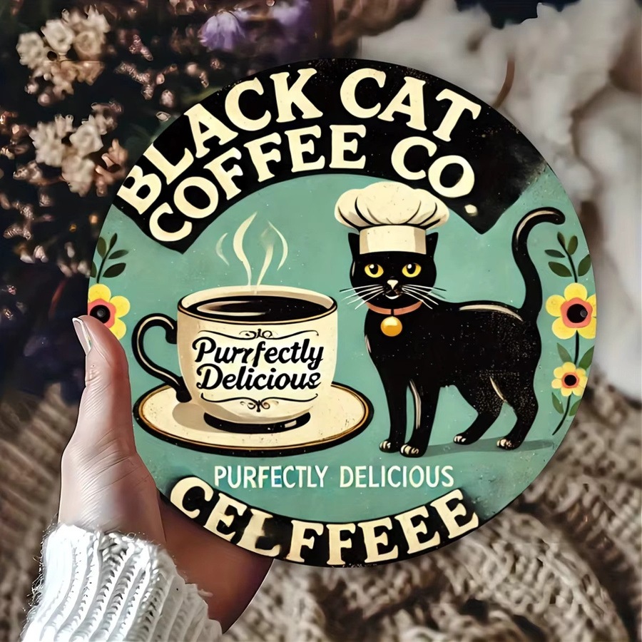 Potdemiel Black Cat Coffee Co Vintage Aluminiumschild rund, Durchmesser: 19,81 cm, Wanddekoration für Café, Bar und Zuhause, Mehrfarbig - Bild 5
