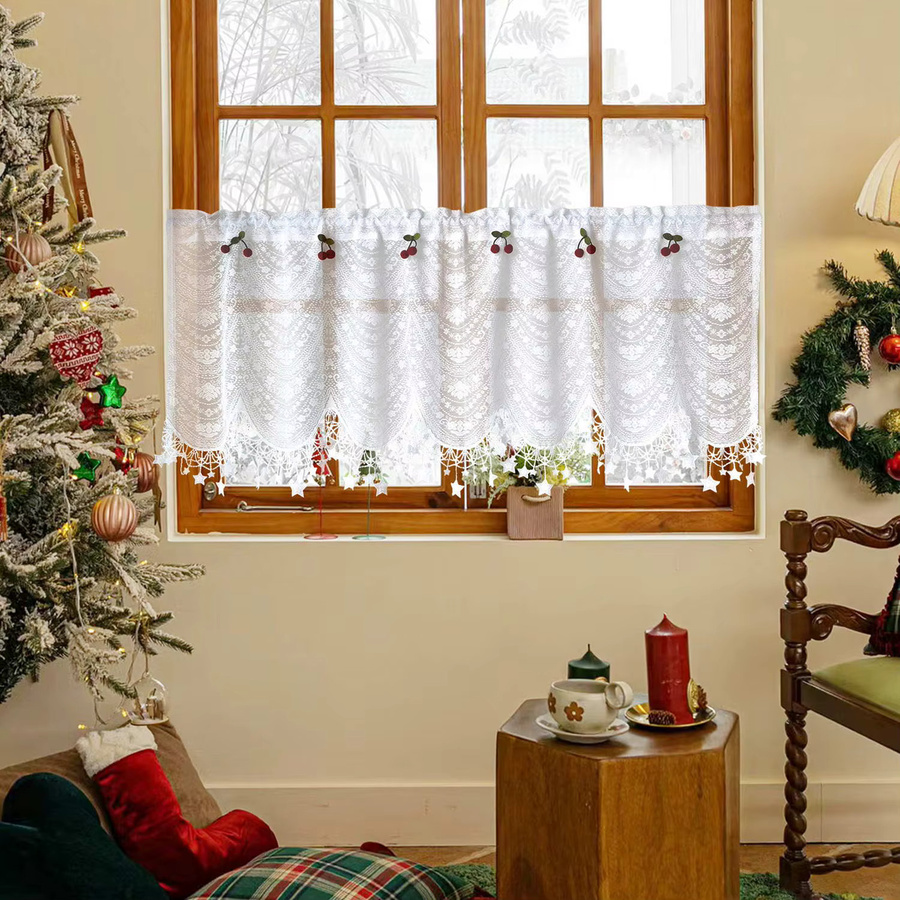 Weiße Spitzenvorhänge mit Kirschblüten-Design und Blumenmuster für Küche und Wohnzimmer - Bild 2