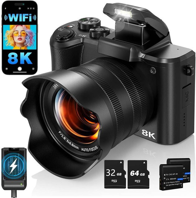AMORUS 8K Digitalkamera in Schwarz mit 88 MP, Dual-Objektiv, Autofokus, WiFi und 16-fachem Digitalzoom als kompakte Vlogging-Reisekamera mit Touchscreen - Bild 1