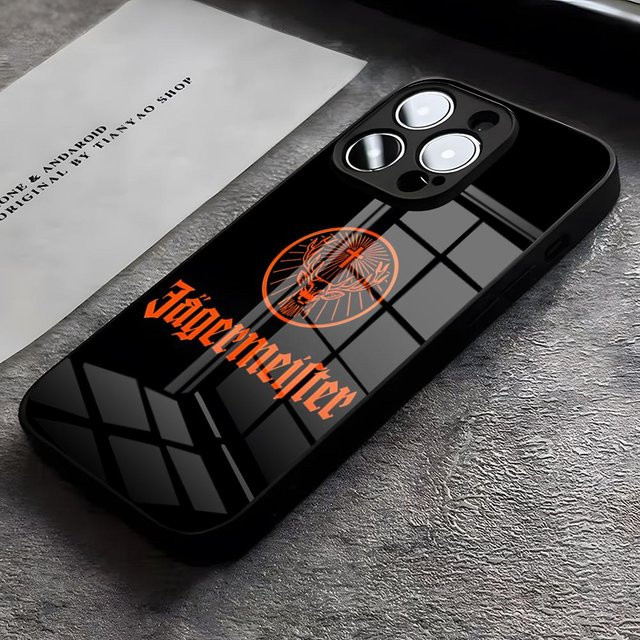 Jagermeister Logo Handyhülle aus Glas für iPhone 15 14 13 11 Pro Max und andere Modelle, Schwarz - Bild 1
