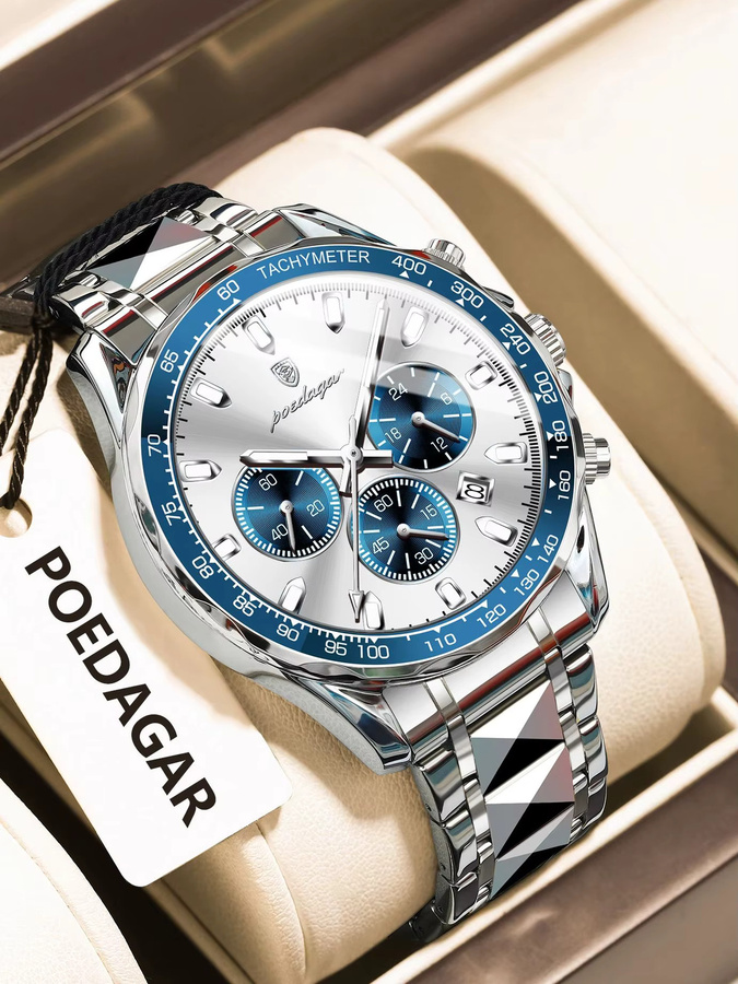 POEDAGAR Chronograph, Quarz, Edelstahl, Silber, Herren - Bild 7