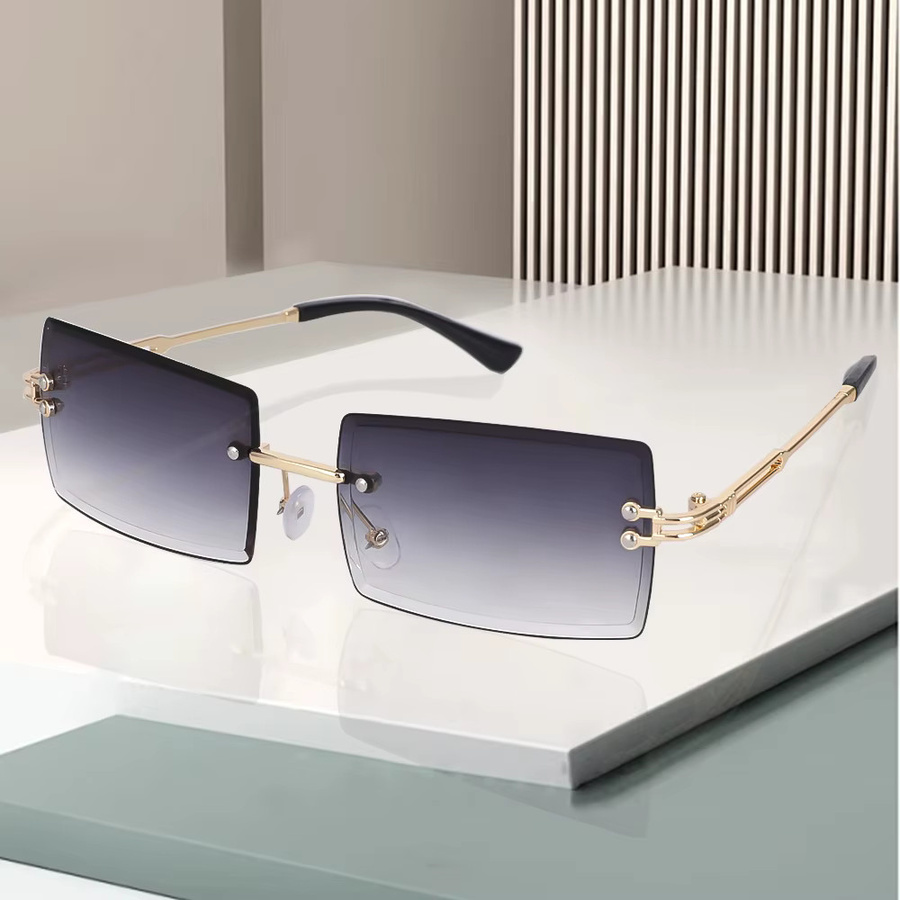 Randlose Rechteckige Damen-Sonnenbrille, Goldener Metallrahmen, Schwarz - Bild 2