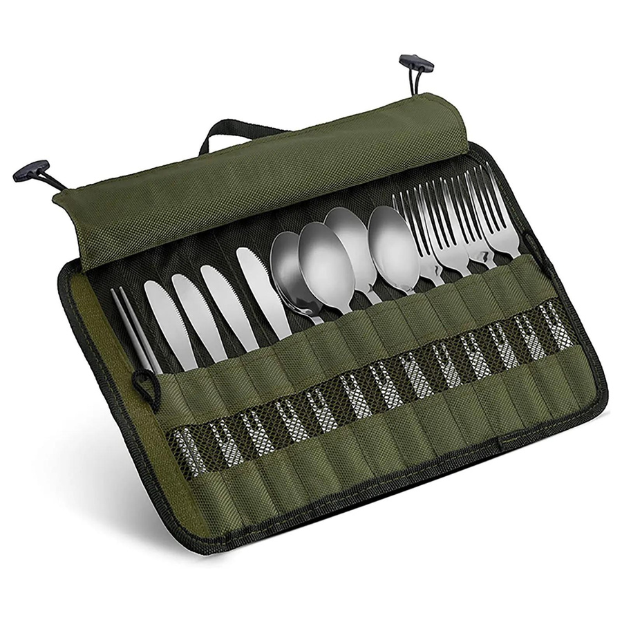 Binchi Outdoor Aufbewahrungstasche für Camping-Besteck, wasserdichte Roll-Up-Tasche in Grün - Bild 3