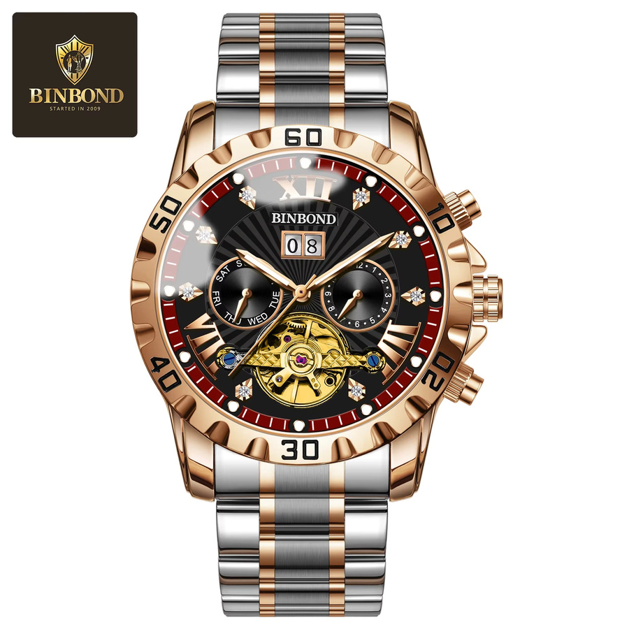 BINBOND Armbanduhr Automatik, Tourbillon Skeleton, Edelstahl, Silber, Herren - Bild 5