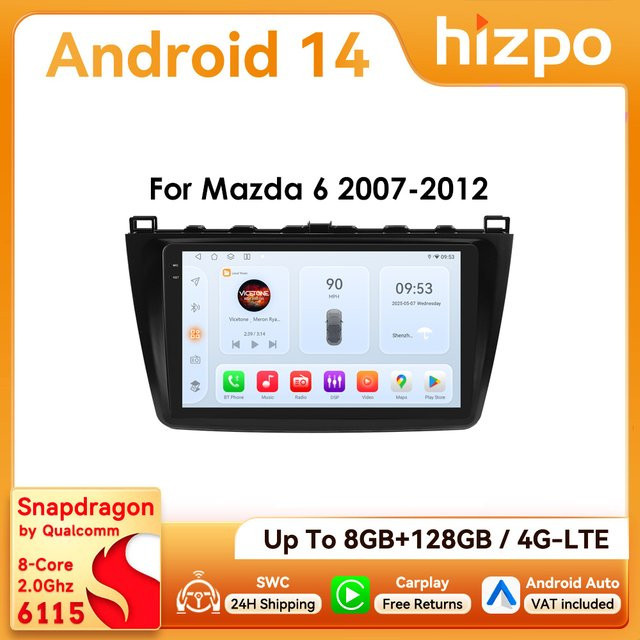 Hizpo 2Din Android Autoradio für Mazda 6 2007 - 2012 mit 9 Zoll Display, CarPlay, GPS, 4G, Bluetooth, WiFi und 360 Grad Kamera in Schwarz - Bild 1