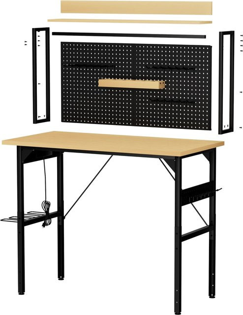 okwish Werkbank mit Lochwand und Rollen inklusive AC/USB Anschlüssen, Farbe: Schwarz, B/T/H: 120 x 60 x 155,5 cm - Bild 1