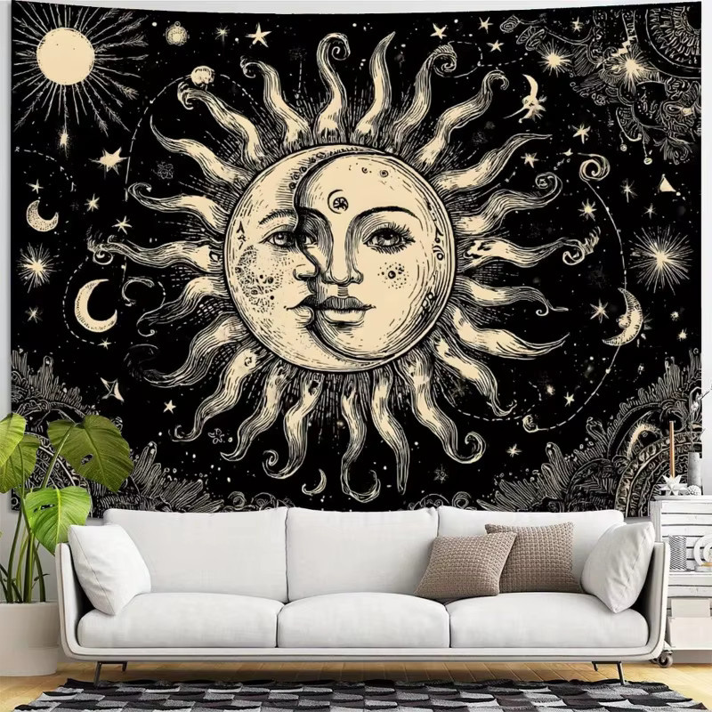 VIKAMA Vintage Wandteppich mit Sonne, Mond und Sternen in Multicolour im Bohemian-Stil - Bild 3