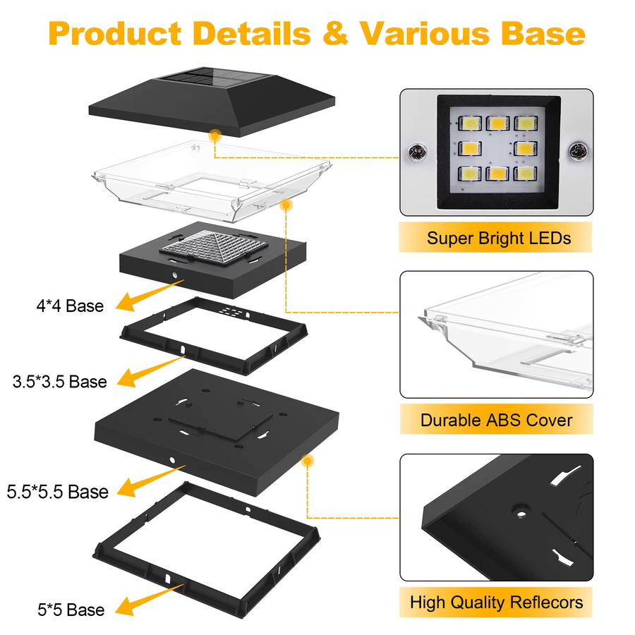 T-SUNRISE Solar-LED-Zaunlampe für den Garten, quadratische Solarsäulenpfostenkappe in Schwarz mit CCT-Funktion (3000 K und 6000 K) - Bild 5