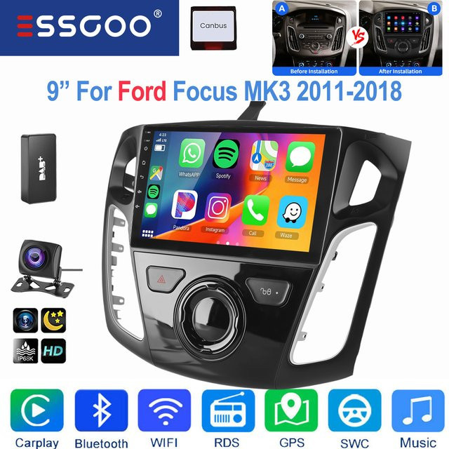 ESSGOO Android 15 Autoradio mit 9 Zoll IPS Touchscreen für Ford Focus MK3 2011-2018, Wireless Carplay, Android Auto, GPS, WiFi und Bluetooth, Schwarz - Bild 1