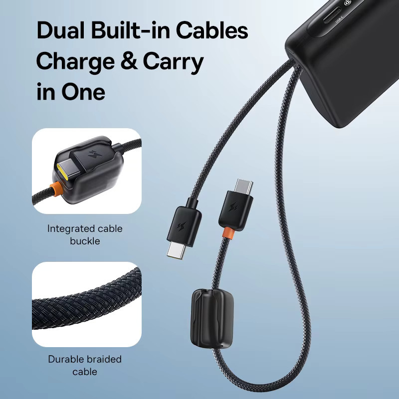 Baseus Powerbank 20000 mAh mit 100 W Schnellladefunktion, integriertes Dual-USB-C-Kabel und Digitalanzeige, Farbe: Weiß - Bild 3