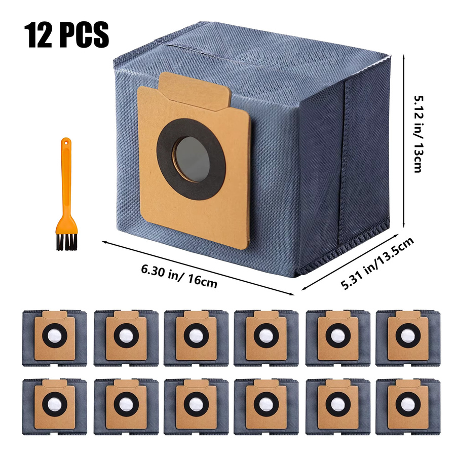 12er-Pack Heloxyo Staubbeutel für eufy X10 Pro Omni und X8 Pro Saugroboter mit selbstentleerender Station inklusive einer orangefarbenen Bürste - Bild 2