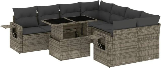 vidaXL 9-tlg. Garten-Sofagarnitur aus Poly Rattan in Grau mit Kissen aus Polyester und pulverbeschichtetem Stahl - Bild 1