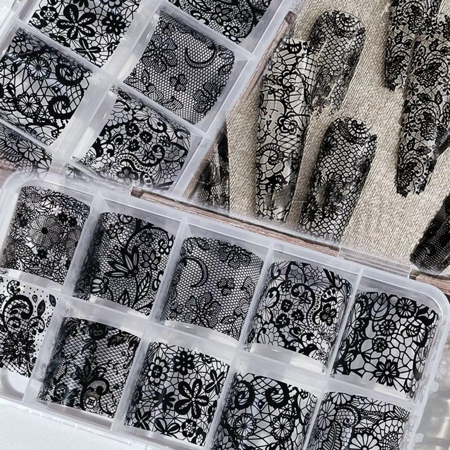 HotPress Nageltransferpapier Spitzenblumen, Schwarz-Weiß, 10 Rollen - Bild 2