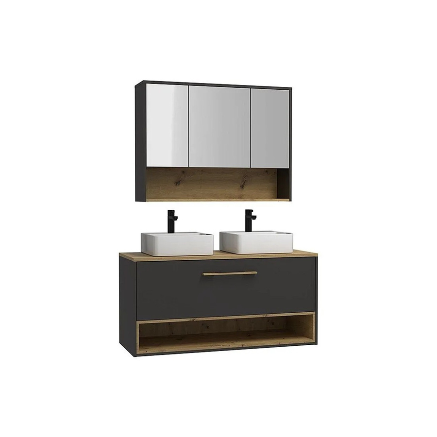 Vente-unique Badmöbel-Set Yangra Anthrazitgrau mit Doppelwaschbecken, Waschbeckenunterschrank und Spiegelschrank, Breite: 120 cm - Bild 2