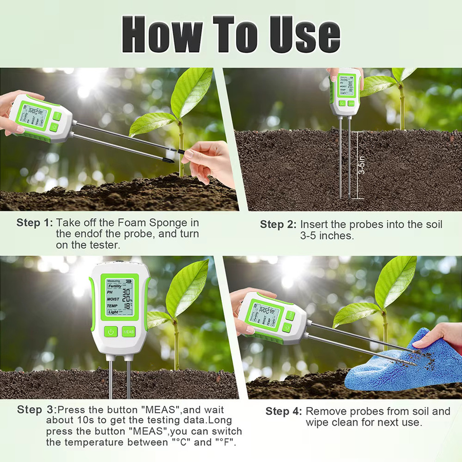 JUANJUAN 3-in-1 Digitales Handgerät zur Bodenfeuchtigkeitsmessung mit pH-Wert-, Temperatur- und Sonnenlichtdetektor in Grün-Weiß für Gartenbepflanzung und Topfpflanzen - Bild 3