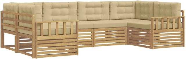 vidaXL Outdoor-Sofagarnitur 6-teilig L-Form aus Akazienholz in Weiß und Beige mit Kissen und abnehmbaren Bezügen - Bild 1