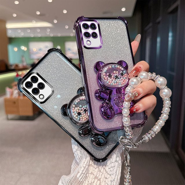 Stoßfeste Glitzer-Handyhülle mit süßem Bären-Cartoon und Perlen-Lanyard für Samsung Galaxy A12, M12, F12, A22 und M32 4G in Silber - Bild 1