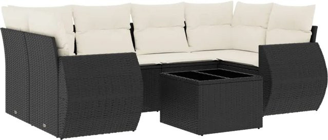 vidaXL 7-teilige Garten-Sofagarnitur in L-Form aus Poly-Rattan und pulverbeschichtetem Stahl mit Kissen in Schwarz-Creme - Bild 1