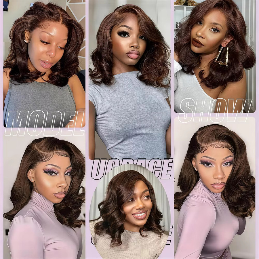 HJ WEAVE BEAUTY Bob-Perücke, 100 % Echthaar, schokoladenbraun, gewellt, Damen - Bild 7