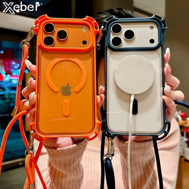 Xeber Magnetische Handyhülle mit Schultergurt und Lanyard für iPhone 16 17 15 14 13 Pro Max, Transparent/Blau, MagSafe kompatibel - Bild 1