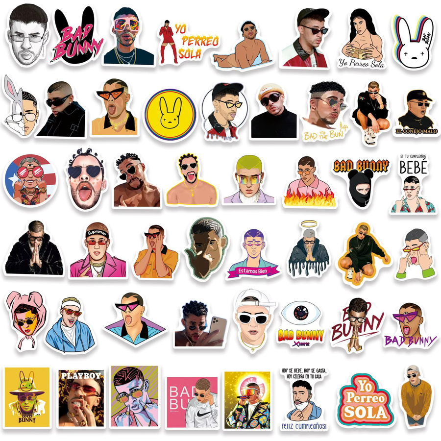 50 Stück Bad Bunny Sticker Set, Wasserdichte Rapper Aufkleber in Multicolor für Laptop, Handy und Reisegepäck - Bild 2