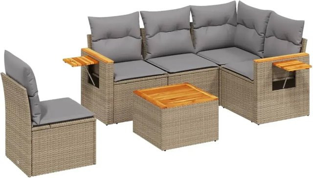 vidaXL 6-tlg Garten-Sofagarnitur L-Form aus Poly-Rattan und Akazienholz in Beige-Grau mit UV-beständigen Kissen - Bild 1