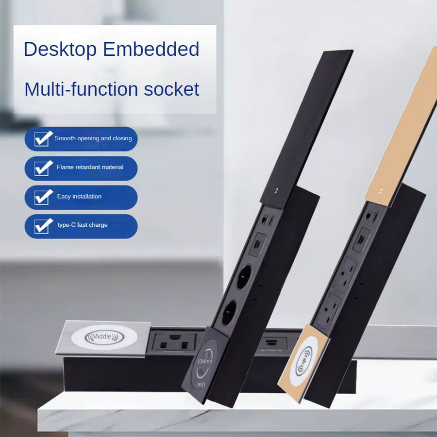 MANLEIKE Tischsteckdose mit Schiebeabdeckung in Schwarz inklusive kabelloser Aufladung, USB, Typ-C, Netzwerk und HDMI - Bild 3
