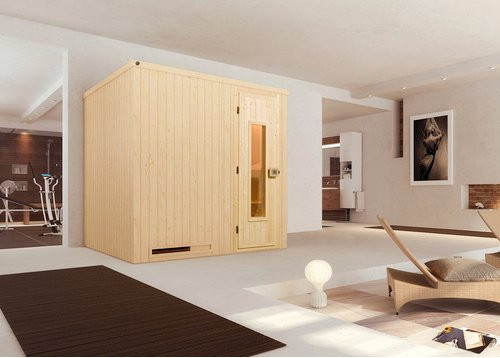 WEKA Elementsauna Halmstad 2 Sparset mit 5,4 kW und Kompakt Holztür in Beige und Braun, B/H/T: 194 x 199 x 177 cm - Bild 1