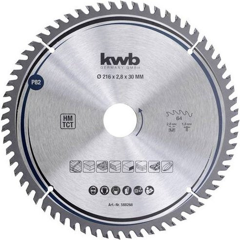 KWB Kreissägeblatt für Holz und Kunststoff, Carbide Tipped, Farbe: Silber, Durchmesser: 216 mm, Bohrung: 30 mm - Bild 1