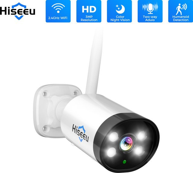 Hiseeu 3MP Drahtlose IP Kamera für den Außenbereich, Wasserdichte WiFi CCTV Überwachungskamera in Weiß mit P2P-Funktion für Eseecloud - Bild 1