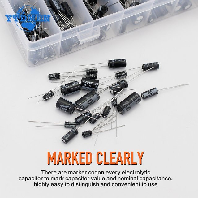 YTDMEN Elektrolytkondensator-Sortiment-Set mit 120 bis 500 Stück, Mix DIP-Aluminium-Elektrolytkondensatoren in Schwarz, 15/24/25 Werte, 10–50 V - Bild 1