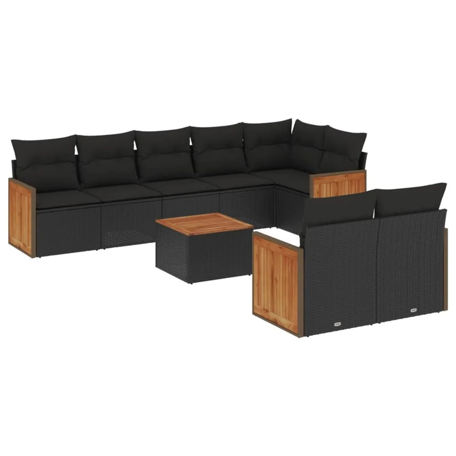 vidaXL 9-tlg. Garten-Sofagarnitur in L-Form aus Poly-Rattan und Akazienholz mit Kissen in Schwarz - Bild 2