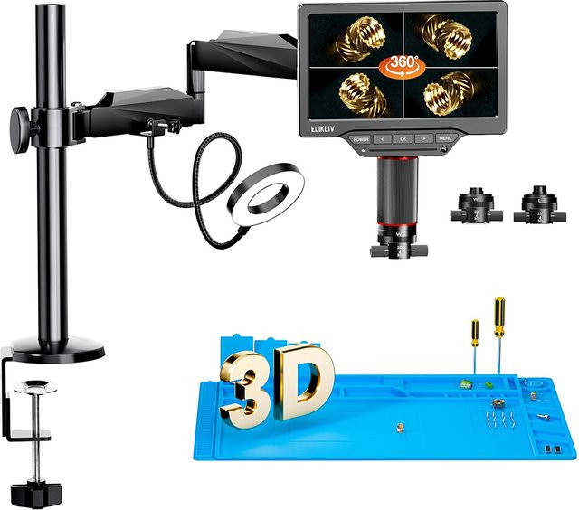 Elikliv EM3K-3D Max 10,1 Zoll 3D Digitalmikroskop mit HDMI, magnetisches Doppellinsen-Lötmikroskop für Elektronik in Schwarz - Bild 1