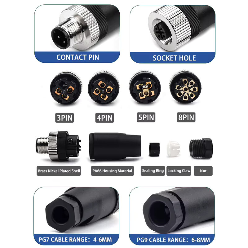 DIY YOU Wasserdichter M12 PG7 Sensor-Steckverbinder Satz mit gerade und winkel Ausführung, elektrischer Drahtverbinder als Schraubgewindekupplung, erhältlich mit 3/4/5/8 Pin, lötfrei - Bild 5