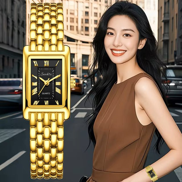 SUNKTA Armbanduhr Quarz, Edelstahl, Gold, Eckig, Damen - Bild 1